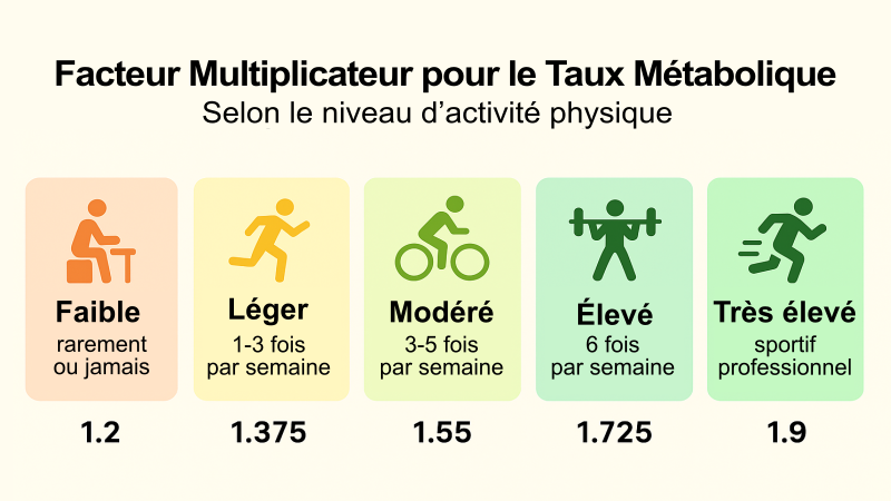 Facteur multiplicateur du taux métabolique basal selon le niveau d'activité physique